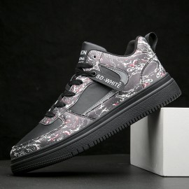 Men Leather Breathable Soft Sole Pattern Splicing Lace Up Casual Court Shoes