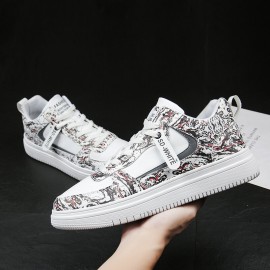 Men Leather Breathable Soft Sole Pattern Splicing Lace Up Casual Court Shoes