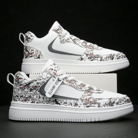 Men Leather Breathable Soft Sole Pattern Splicing Lace Up Casual Court Shoes