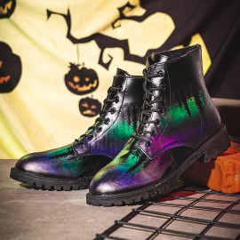 Men Leather Halloween Printing Soft Sole Round Toe Comfy Colorful Casual Martin Boots