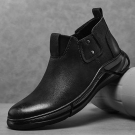 Men Retro Cowhide Leather Non Slip Soft Sole Elastic Slip On Chelsea Boots