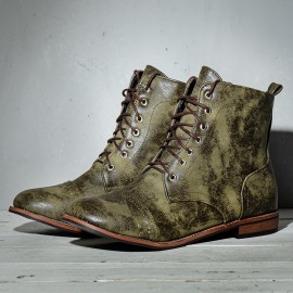 Men Leather Breathable Soft Sole Non Slip Lace Up Square Heel Casual Martin Boots