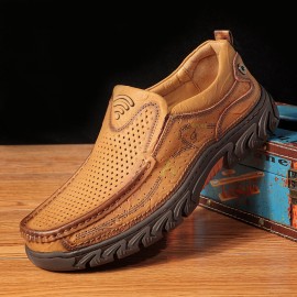 Men Cowhide Hollow Non Slip Outdoor Business Casual Slip On Leather Shoes