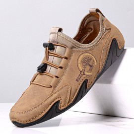 Men Microfiber Leather Breathable Hand Stitching Soft Sole Brief Elastic Laces Casual Driving Shoes