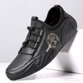 Men Microfiber Leather Breathable Hand Stitching Soft Sole Brief Elastic Laces Casual Driving Shoes