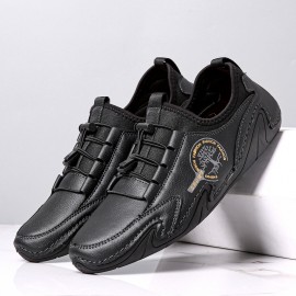 Men Microfiber Leather Breathable Hand Stitching Soft Sole Brief Elastic Laces Casual Driving Shoes