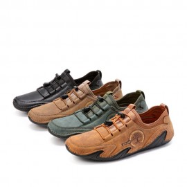 Men Microfiber Leather Breathable Hand Stitching Soft Sole Brief Elastic Laces Casual Driving Shoes