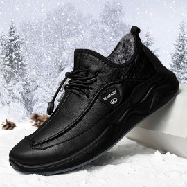 Men Winter Warm Plush Lining Elastic Lace Non Slip Casual Leather Flats