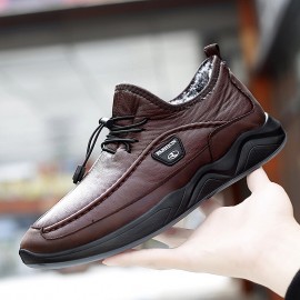 Men Winter Warm Plush Lining Elastic Lace Non Slip Casual Leather Flats