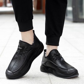 Men Winter Warm Plush Lining Elastic Lace Non Slip Casual Leather Flats