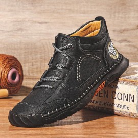 Men Microfiber Leather Hand Stitching Breathable Soft Sole Comfy Brief Lace Up Casual Shoes